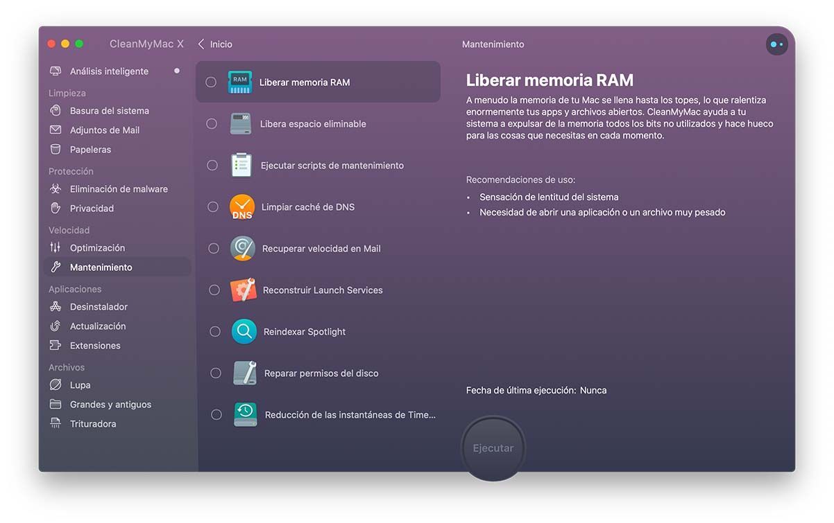 Opciones de mantenimiento
